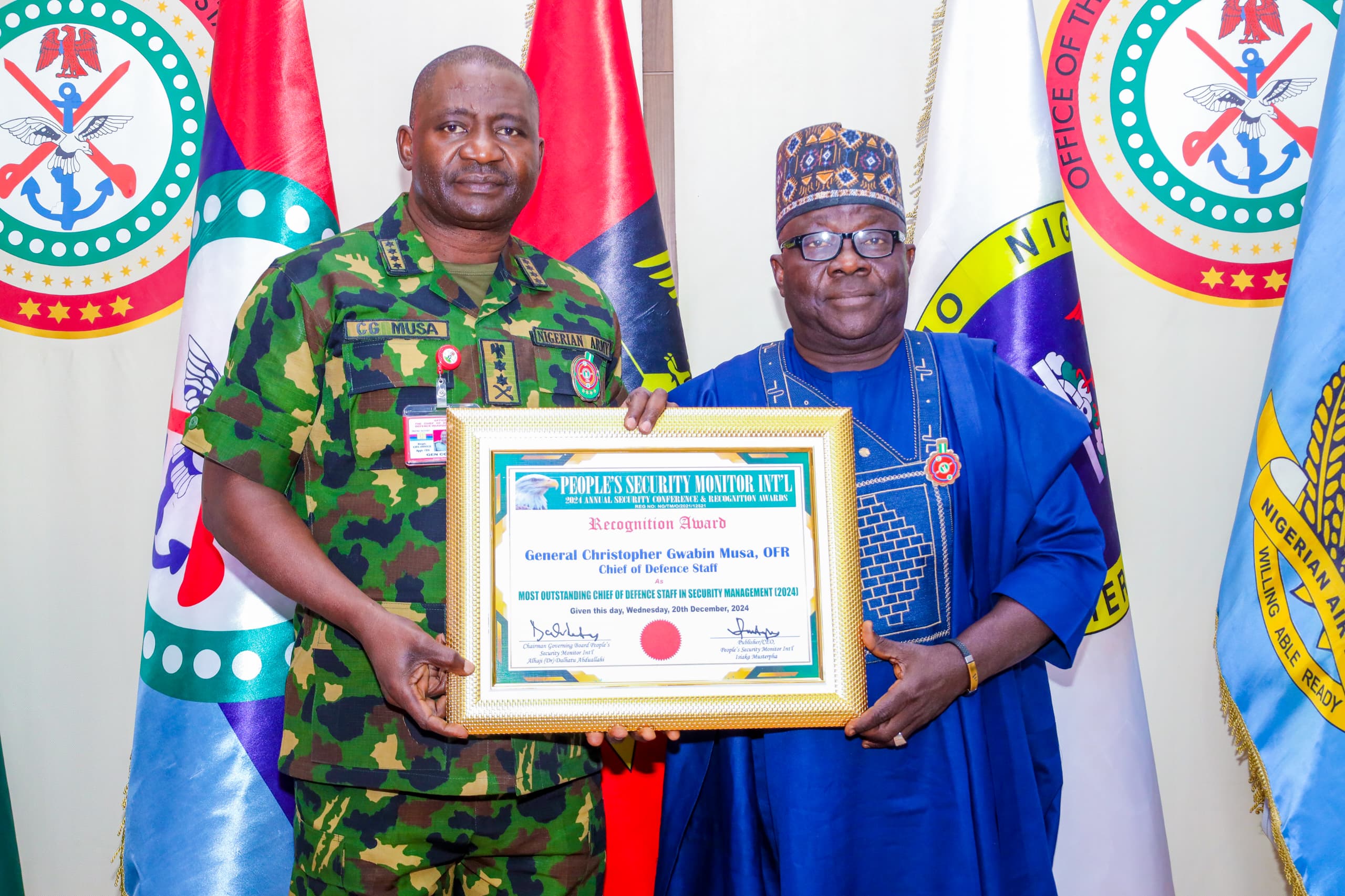 General Christopher Gwabin Musa Receives People’s Security Monitor’s Prestigious Award For 2024 ‘Most Outstanding Chief of Defence Staff In Security Management’