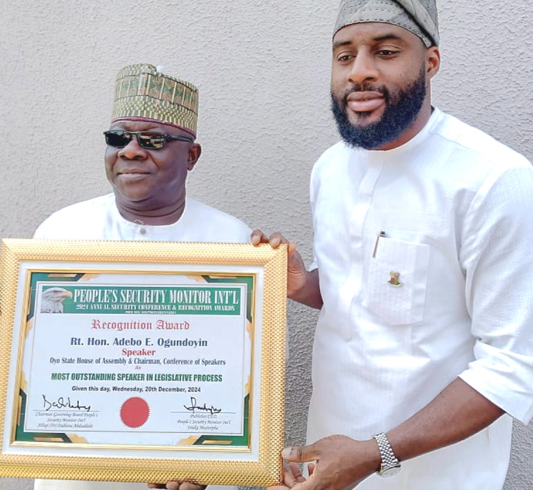 Oyo Speaker, Rt. Hon. Adebo Ogundoyin Bags People’s Security Monitor’s ‘Security Enabling Lawmaker of the Year (2024)’ Award, Says Security Remains His Top Priority As A Lawmaker