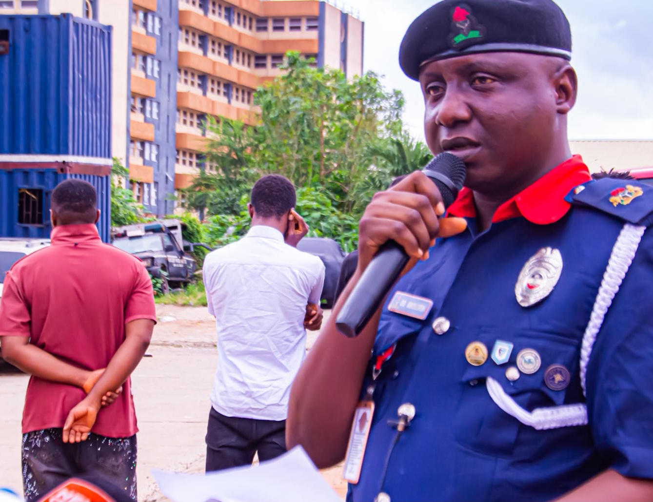 LAGOS NSCDC PARADES SEVEN SUSPECTS, INCLUDING TWO TOGOLESE ARMY DESERTERS; RECOVERS STOLEN ARMOURED CABLES AND OTHER EXHIBITS