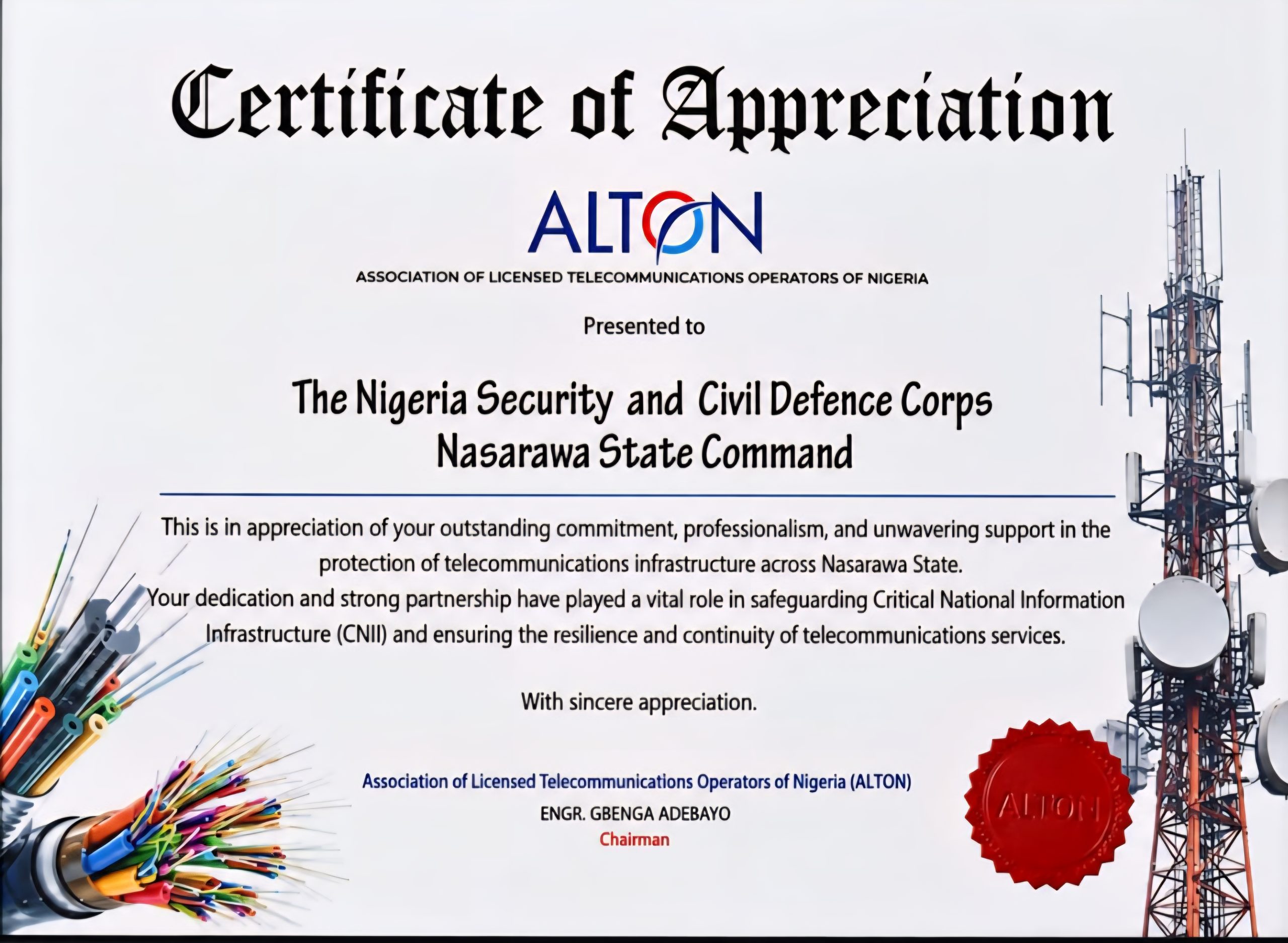 ALTON Honours NSCDC Nasarawa for Safeguarding Telecommunications Infrastructure